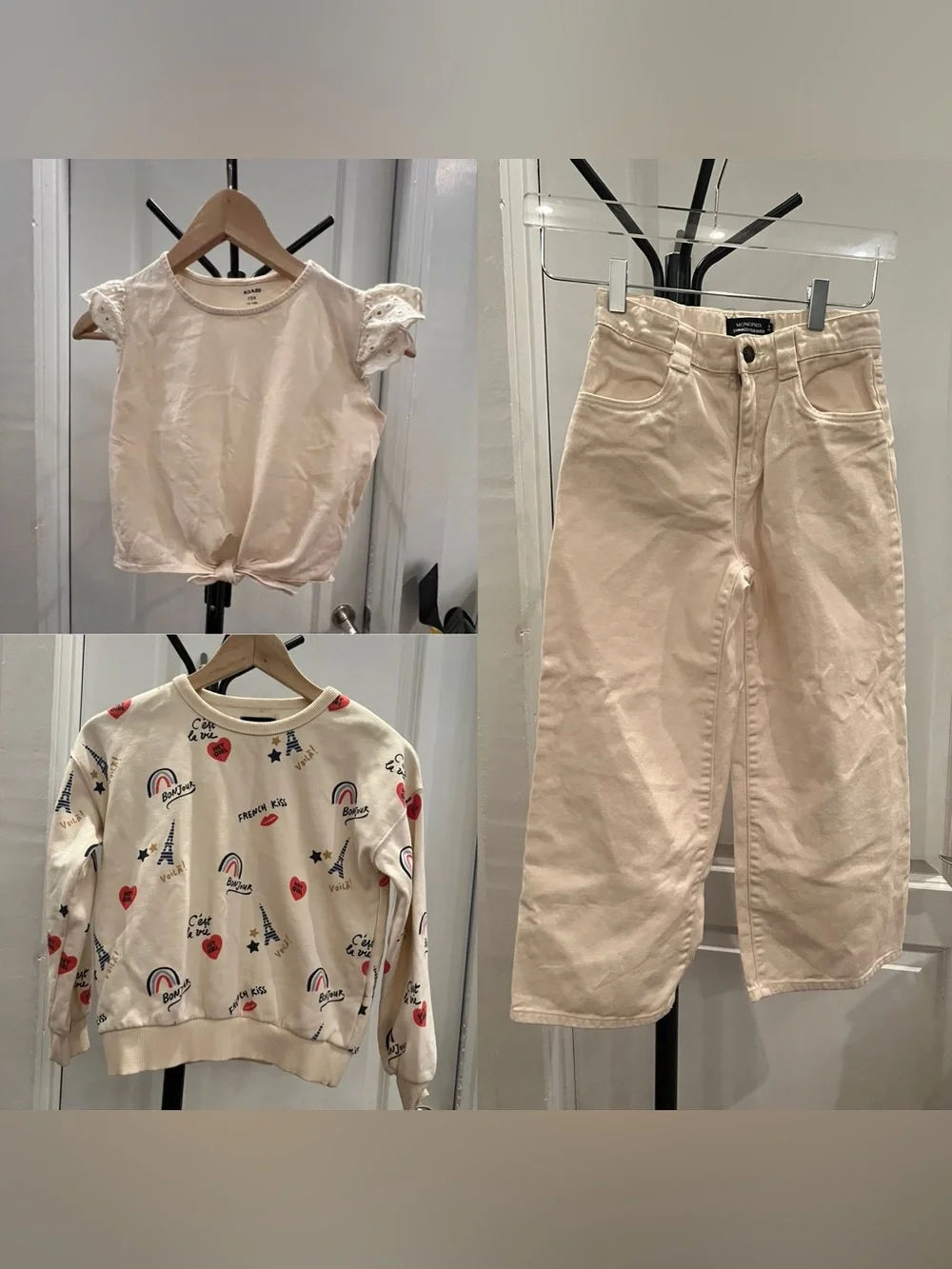 Girls Cream outfit : tank, sweatshirt and jeans.